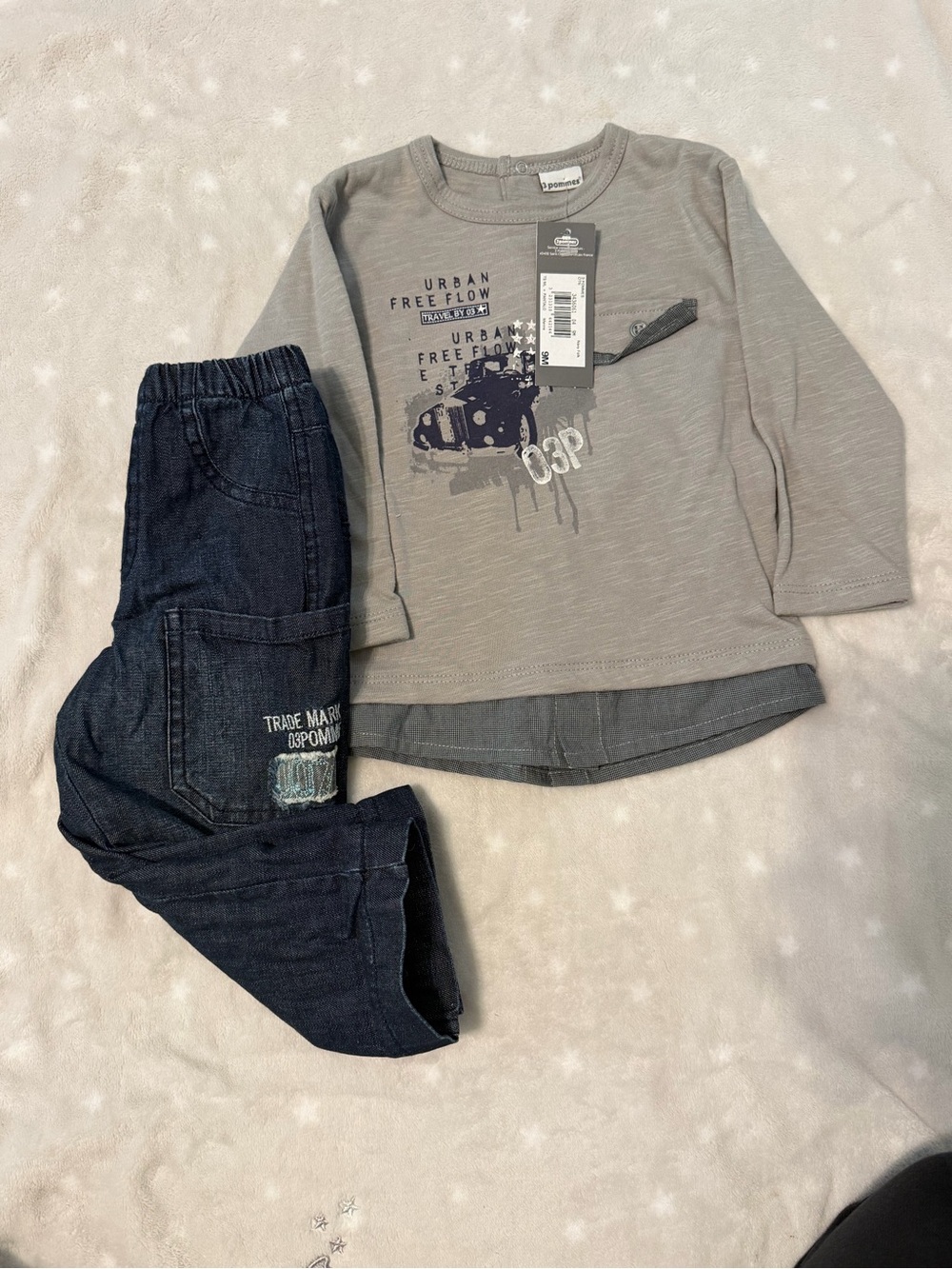NWT 3 Pommes Baby Boy 2pc Set 9M Jeep Shirt Denim Jeans Boutique Fall Outfit
